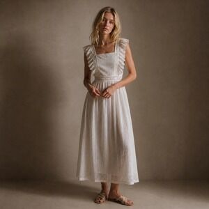 Anthropologie White Lace Ruffle Semi Sheer Midi Dress Sz M NWT